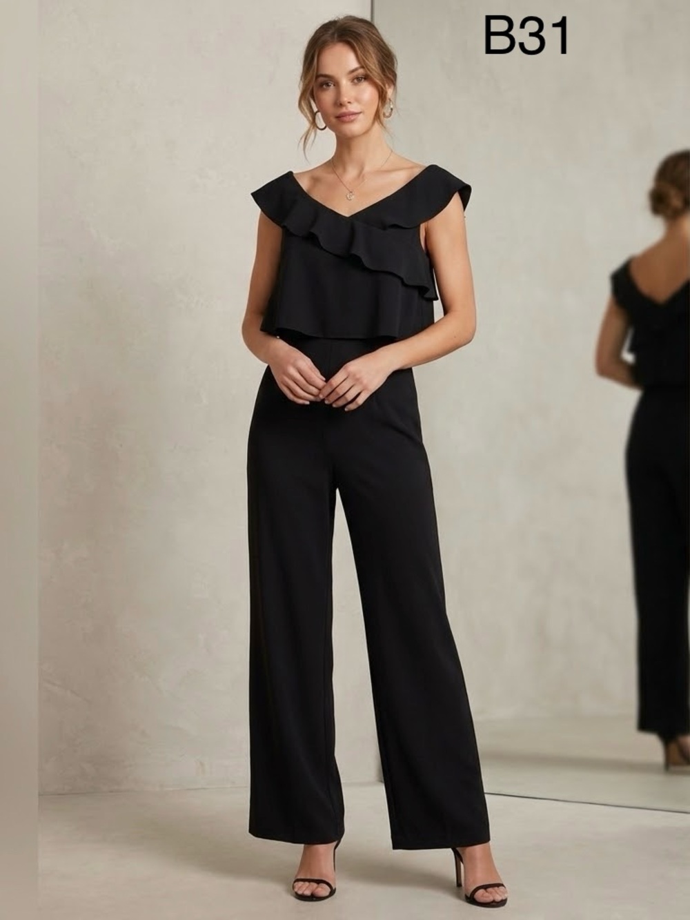 Ann Taylor Black Ruffle V-Neck Wide-Leg Jumpsuit,Size 8